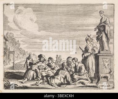 Italy, Wael, Cornelis de, Genretaferelen, Elegant company in garden, Italy, verso left bottom - stamped, An elegant company sits together on a path in a garden. On the right is a statue of Venus with Amor. A dog looks up to the statue. Lower right numbered: 14 (?)., print, height 116 mm, width 149 mm, South-Dutch, 1592-09-07 - 1667-04-21, print maker, 1630 - 1648, paper, etching, engraving, engraving (printing process) Stock Photo