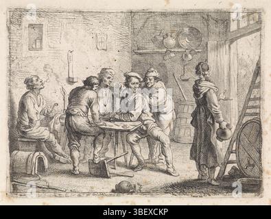 Italy, Wael, Cornelis de, Genretaferelen, Woman leaves inn, Italy, verso left bottom - stamped, Five farmers smoking and drinking in an inn. They look at a woman leaving the inn with a jug in her hand., print, height 110 mm, width 150 mm, South-Dutch, 1592-09-07 - 1667-04-21, printmaker, 1630 - 1648, paper, etching, engraving, engraving (printing process) Stock Photo