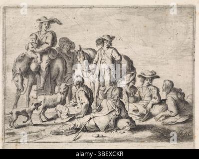 Italy, Wael, Cornelis de, Genretaferelen, Resting hunting company, Italy, verso left bottom - stamped, A group of riders takes a break. They're talking to each other. One woman is still on the horse with her child. Left a goat and a dog., print, height 117 mm, width 149 mm, Zuid-Nederlands, 1592-09-07 - 1667-04-21, printmaker, 1630 - 1648, paper, etching, engraving, engraving (printing process) Stock Photo