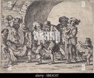 Italy, Wael, Cornelis de, Genretaferelen, Drunken company at city gate, Italy, verso bottom right - stamped, A drunken company stumbles under a city gate. One man is carried by two others. Right a woman with a child on the arm., print, height 117 mm, width 148 mm, Zuid-Nederlands, 1592-09-07 - 1667-04-21, printmaker, 1630 - 1648, paper, etching, etching Stock Photo