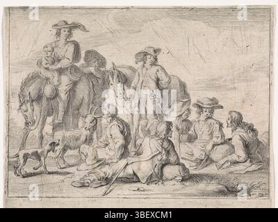 Italy, Wael, Cornelis de, Genretaferelen, Resting hunting company, Italy, verso left bottom - stamped, A group of riders takes a break. They're talking to each other. One woman is still on the horse with her child. Left a goat and a dog., print, height 117 mm, width 147 mm, Zuid-Nederlands, 1592-09-07 - 1667-04-21, printmaker, 1630 - 1648, paper, etching, engraving, engraving (printing process) Stock Photo