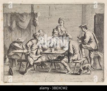 Italy, Wael, Cornelis de, Genretaferelen, Six farmers and innkeeper in inn, Italy, verso lower left - stamped, Interior of an inn with farmers in conversation. Behind the table is an innkeeper with a jug in the hand. Right in the foreground a dog., print, height 117 mm, width 149 mm, Work concept, South-Dutch, 1592-09-07 - 1667-04-21, after print of, 1630 - 1698, paper, etching, engraving, engraving (printing process), print maker, printmaker Stock Photo