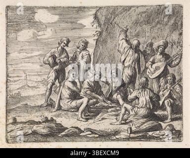 Italy, Wael, Cornelis de, Genretaferelen, Picnic in the mountains, Italy, verso lower left - stamped, A company near a rock at the picnic. Some men make music, the rest of the company is eating. In the foreground are garments., print, height 115 mm, width 149 mm, Zuid-Nederlands, 1592-09-07 - 1667-04-21, printmaker, 1630 - 1648, paper, etching, engraving, engraving (printing process) Stock Photo