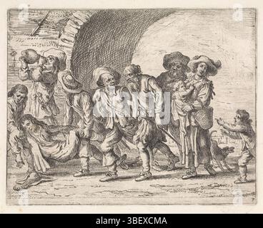 Italy, Wael, Cornelis de, Genretaferelen, Drunken company at city gate, Italy, verso left bottom - stamped, A drunken company stumbles under a city gate. One man is carried by two others. Right a woman with a child on the arm., print, height 116 mm, width 148 mm, Zuid-Nederlands, 1592-09-07 - 1667-04-21, printmaker, 1630 - 1648, paper, etching, engraving, engraving (printing process) Stock Photo