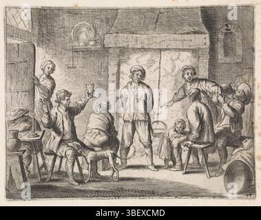 Italy, Wael, Cornelis de, Genretaferelen, Boeren in een innberg, Italy, verso left bottom - stamped, Boeren sit by a fireplace in an inn. One man raises his glass and holds a pipe up. A woman stands at the door and leaves the room., print, height 115 mm, width 150 mm, Zuid-Nederlands, 1592-09-07 - 1667-04-21, printmaker, 1630 - 1648, paper, etching, engraving, engraving (printing process) Stock Photo