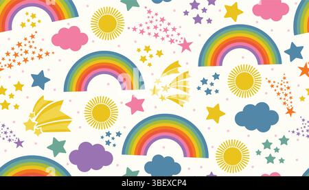 Cheerful seamless pattern with rainbows, shooting stars, clouds, and suns in flat cartoon style on white background. A lively and dreamy design perfec Stock Vector