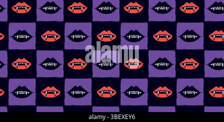 Halloween Seamless Pattern with Red and Black Vampire Mouths and Fangs on Purple Background. Bold, spooky lips in checkered great for print, web Stock Vector