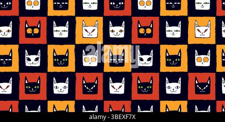 Halloween Seamless Pattern with Black and White Funny Cat Heads in Colorful Geometric Checkered Background. Cute animal icons. Cat characters with Stock Vector