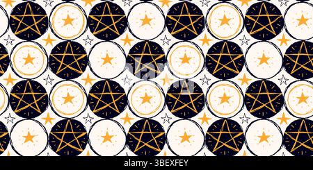 Halloween Seamless Pattern with Magic Stars and Pentagrams in Gold on Dark and White Circles. Witchy and celestial theme great for mystical designs Stock Vector