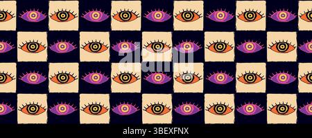 Halloween Seamless Pattern with Colorful Cartoon Eyes in Checkered Layout. Playful orange and pink eyeballs with bold lashes on cream and black Stock Vector