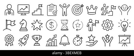 Business goal web vector Icon Set in hand drawn Line Style. Success goals Linear Icons, Including process, target, aim, focus, human resource, strateg Stock Vector