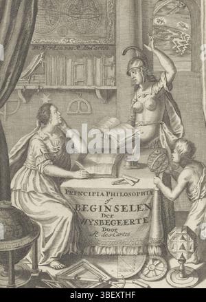 Homepage: René Descartes, Principia Philosophia or principles of Wysbegoerte, 1690, Allegorical performance with Philosophy and Minerva, Amsterdam, verso - stamped, Philosophy, in the form of a woman with a star on the head, sits at a table and writes in a book. In front of her is a helmeted woman, possibly Minerva, and a boy looks at an armillarium. In the departure there are books on a shelf and a world map on the wall. In the foreground a globe and measuring instruments., print, title page, prints, height 190 mm, width 143 mm, printmaker, 1690 - 1690, second quarter 18th century, third quar Stock Photo