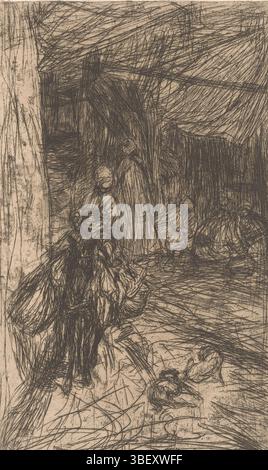 Bauer, Marius, Boy on a donkey, verso - stamped, A boy riding on a donkey loaded with cargo. Behind him a group of four men, three of them sitting and one standing. Right in the foreground two dogs, one lying and one sitting., print, height 365 mm, width 225 mm, Dutch, 1867-01-25 - 1932-07-18, printmaker, 1889 - 1889, paper, etching, plate tone Stock Photo