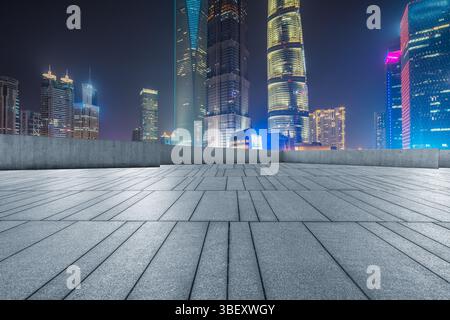 cityscape and skyline of shanghai in blue sky from empty floor Stock Photo