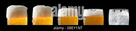 Detail of the mouth of several glasses of beer in various stages of consumption, isolated on a black background. Front view. Stock Photo
