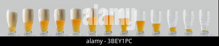A collection of beer glasses in a row with the filling and drinking process reflected on a table and isolated gray background. Front view. Stock Photo