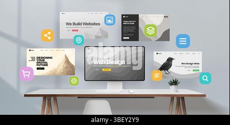 Creative web design scene with desktop screen, multiple site layouts in air, and essential UI icons – perfect for presenting user experience, layout f Stock Photo