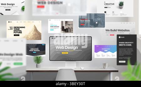 Creative workspace with desktop screen and numerous web pages flying around in dynamic motion. Some pages are blurred in the foreground to illustrate Stock Photo