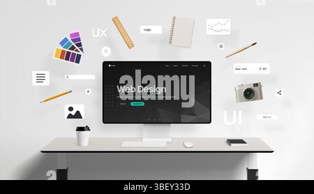 Web design interface displayed on desktop screen, surrounded by floating UI components like buttons, image boxes, and navigation icons, along with cre Stock Photo