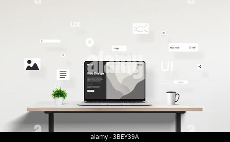 Modern office scene with a laptop showing a web project, while around it fly various interface icons—representing the building blocks of user-friendly Stock Photo