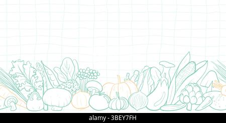 A seamless vegetable pattern in doodle hand-drawn style, featuring various veggies. Perfect for digital backgrounds, packaging, wrapping paper, textil Stock Photo