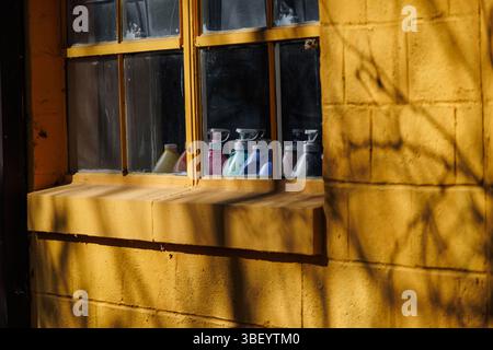 Colorful paint bottles sit on a windowsill inside a yellow brick building, with shadows of tree branches casting patterns on the wall in sunlight. Stock Photo