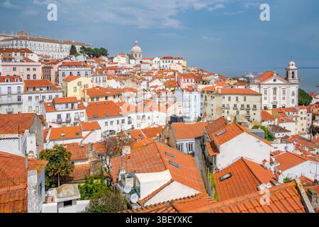 View of terrakotta rooftops in Alfama, Alfama District, Lisbon, Portugal, Europe Stock Photo