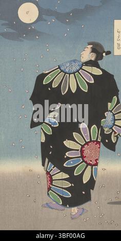 Tokyo, Akiyama Buemon, Japan, Enkatsu, Noguchi, Yoshitoshi, Tsukioka, Tsuki hyakushi, Hundred facets of the moon, Fukami Jikyu in moonlight, verso-stamped, Fukami Jikyu in black kimono with pattern of large chrysanthemums, running between swirling blossom leaves, at full moon., print, Japan (collection), height 356 mm, width 243 mm, Japanese, 1839 - 1892, print maker, 1887-06-23 - 1887-06-23, fourth quarter 19th century, paper, colour woodcut, blind print, polishing, block cutter, Publication (Event), publisher Stock Photo