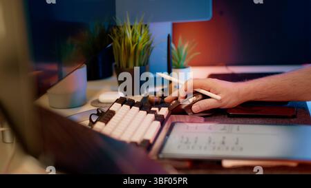 Digital Data Analytics Tablet Modern Office Workspace monitor display business professional using stylus analyze traffic financial charts digital tabl Stock Photo