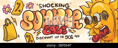 eye out sun cartoon character with shopping bag for shocking summer sale bannere concept.  summer sale banner template vector illustration Stock Vector