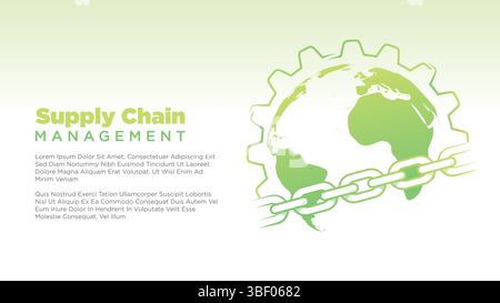 supply chain management concept. world map globe with gears and chain for global supply chain concept. clean coorporate screen size for print, present Stock Vector