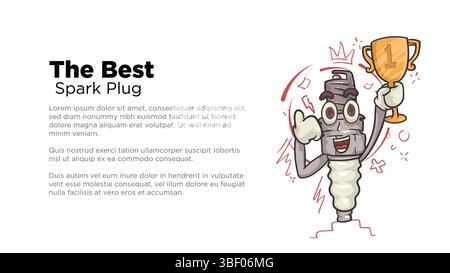 spark plug mascot holding number one trophy for the best concept. spark plug mascot illustration with custom copy space in screen size for web or pres Stock Vector