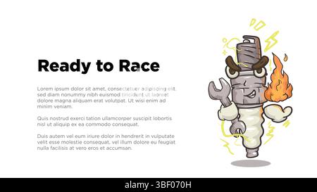 spark plug mascotholding wrench and fire for setting concept. spark plug mascot illustration with custom copy space in screen size for web or presen Stock Vector