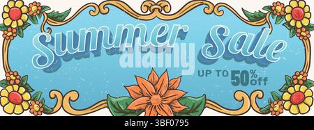 summer sale text with sea blue background, luxury ornamental border and tropical flower hand drawn. vintage banner concept. distressed retro vintage s Stock Vector