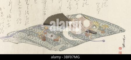Japan, Sadanobu (I), Hasegawa, Cloak with No-mask, Japan, On a Nô costume lies a mask of a man with a grey beard. A mask for an old man, Okina, from the piece of Sambaso. A folded surimono called yoko nagaban. These sheets were folded in four, making the text printed upside down., print, surimono, prints, Japan (collection), height 195 mm, width 523 mm, 1809 - 1874, printmaker, 1820 - 1840, paper, colour woodcut, embossing Stock Photo