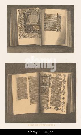Kruseman, A.C., Old manuscripts, verso - stamped, The two books are opened on pages with text and book illuminations., print, book illustration, prints, height 380 mm, width 300 mm, printmaker, 1857 - 1865, paper, display lithography, Publication (Event), Publication, publisher Stock Photo