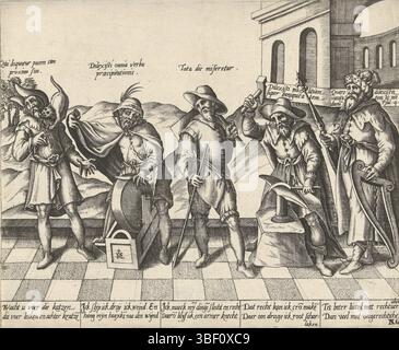 Meckenem, Israel van, Antwerp, Heyden, Pieter van der, Imagined proverbs, recto bottom right - stamped, Five figures in a row each expressing a proverb on the theme of dishonesty and opportunism versus honesty and modesty. On the right is King David, who expresses the morality of proverbs. He pleads for a human life in which all that is possessed is gathered by honesty, above a life in which he enriches himself unfairly. Above the head of each figure a line in Latin, under each figure a two-line verse in Dutch. All the way to the left a man with a cat on his shoulder licking him, next to a man Stock Photo