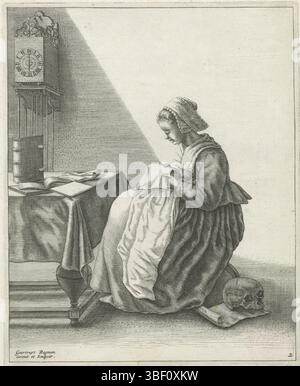 Amsterdam, Visscher, Claes Jansz. (II), Amsterdam, Roghman, Geertruydt, Huiselijkewerken, Handwerkende vrouw, verso - stamped, A young woman sits in a room at a table on which some books, and is busy folding a collar or a hat. She is dressed according to the bourgeois fashion of ca. 1640 and wears a hat on the head. There's a clock on the wall. On the floor, behind her chair, is a skull on a roll of paper. The print is part of a series of five prints with domestic work., print, height 213 mm, width 171 mm, Noord-Nederlands, 1625-10-19 - 1657, printmaker, 1648 - 1650, paper, engraving, engravin Stock Photo
