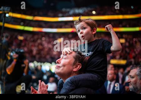 Tesla and SpaceX CEO, Elon Musk with son, attends UFC 314 at the Kaseya Center in Miami, Florida, Saturday, April 12, 2025. (Official White House Photo by Daniel Torok) Stock Photo