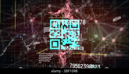 Image of qr code over numbers, graph, data and brown background Stock Photo