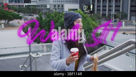 Image of work it text over asian woman with takeaway coffee Stock Photo