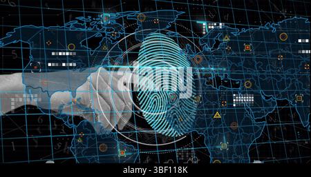 Image of scope scanning and world map over hand and fingerprint on black background Stock Photo