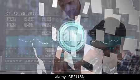Image of data processing, file icons and clock over diverse business people at office Stock Photo