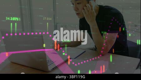 Image of financial data processing over businessmen using smartphone Stock Photo