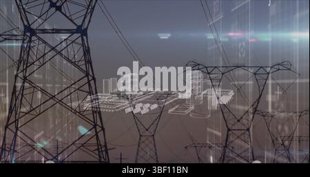 Image of data processing and metaverse city over electricity poles Stock Photo