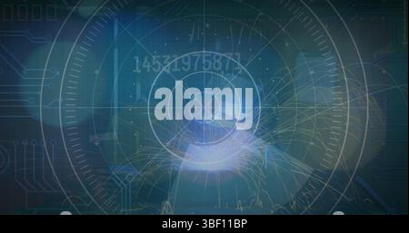 Image of blurred traffic lights over processing circle and dark space Stock Photo