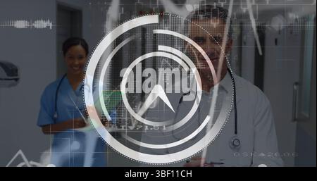 Image of data processing and moving clock over diverse doctors Stock Photo