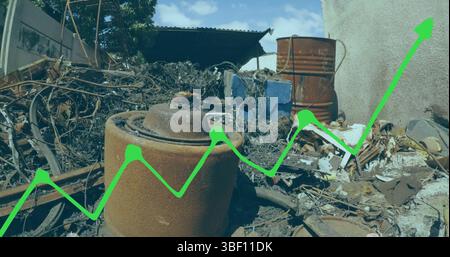 Image of statistical data processing over aerial view of scrap at junkyard Stock Photo