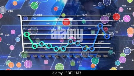 Image of network of digital icons and statistical data processing over caucasian photographer Stock Photo