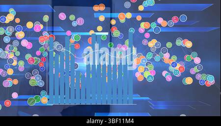 Image of network of digital icons and statistical data processing over smartphone with qr code Stock Photo
